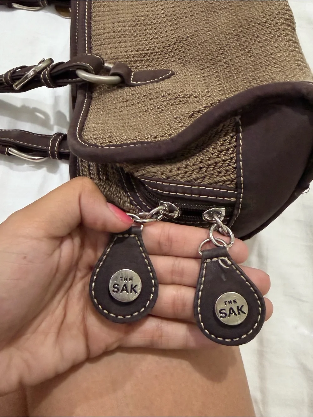 The Sak Brown Woven Shoulder Bag with Dark Trim